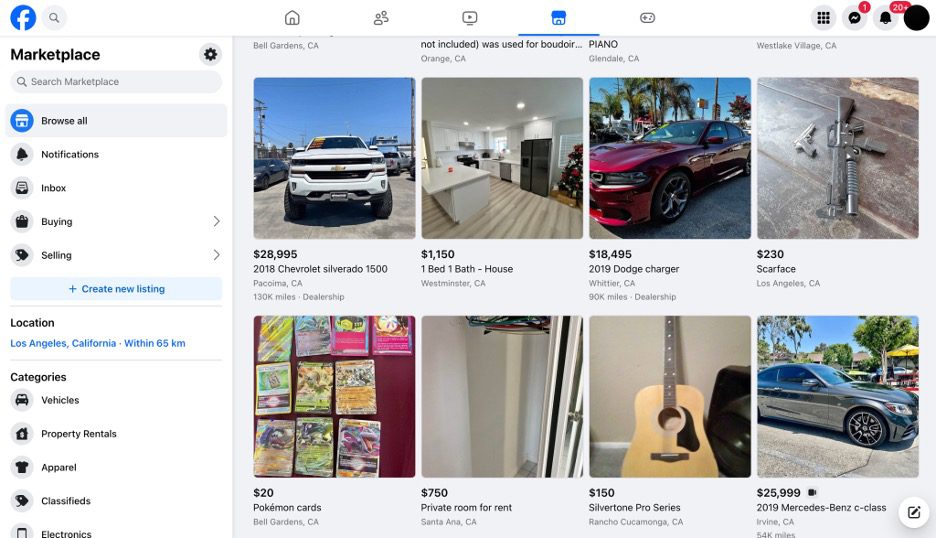 Facebook Marketplace homepage showing listings for vehicles, housing, electronics, and collectibles.