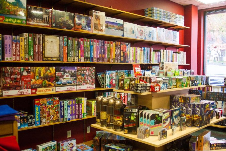 A wide selection of tabletop games at The Game Preserve in Bloomington, Indiana