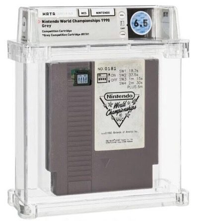 Graded Nintendo World Championships 1990 NES cartridge sealed in a clear protective case with a visible rating label.