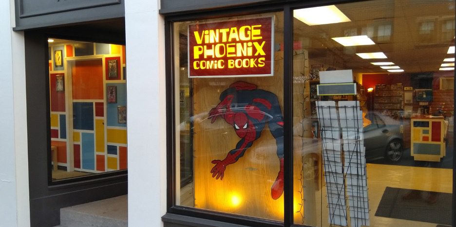 The exterior of Vintage Phoenix Comic Books, as seen from E 6th St.