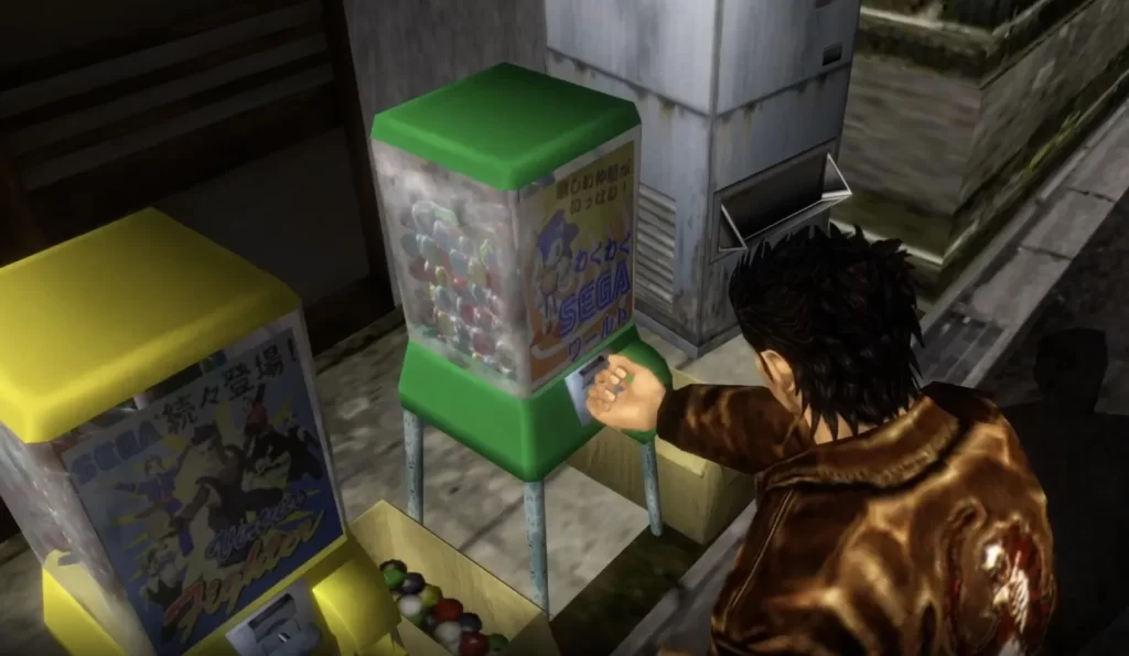 A character using a Sonic themed Gashapon machine in the video game Shenmue